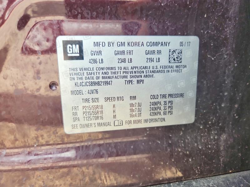 2017 Buick Encore მანქანა იყიდება აუქციონზე, vin: KL4CJCSB9HB219947, აუქციონის ნომერი: 52126126