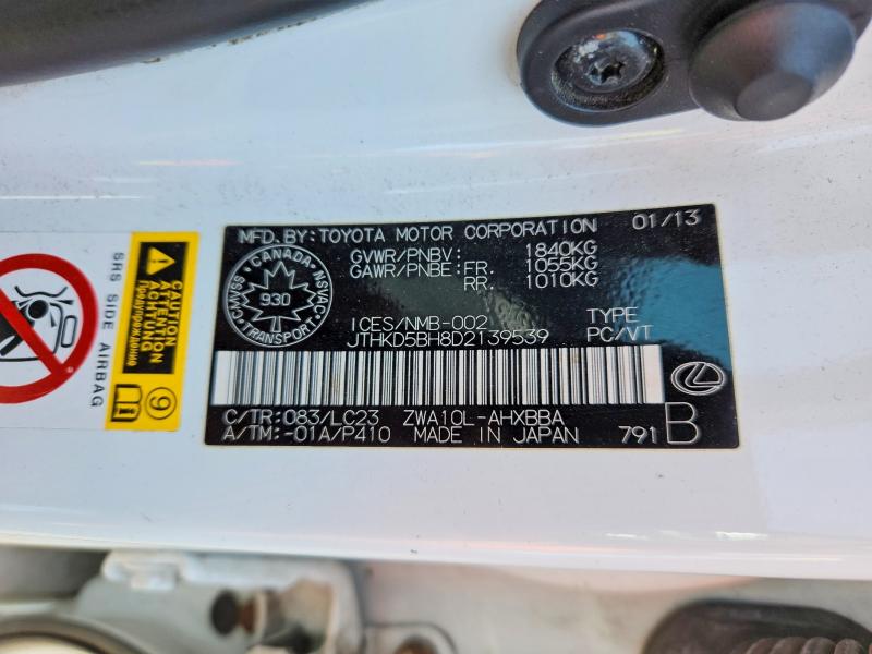 2013 Lexus Ct მანქანა იყიდება აუქციონზე, vin: JTHKD5BH8D2139539, აუქციონის ნომერი: 54592136
