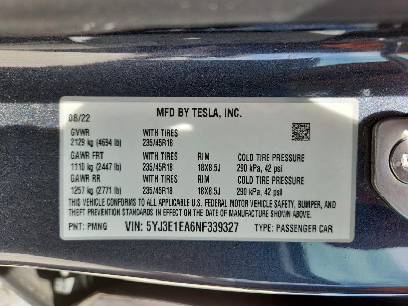 Продажа на аукционе авто 2022 Tesla Model 3, vin: 5YJ3E1EA6NF339327, номер лота: 55444456