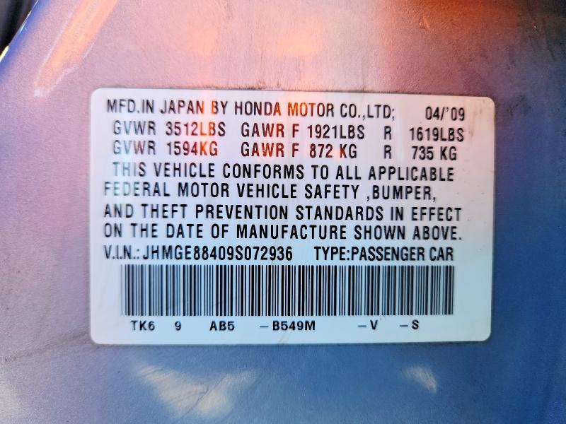 52494016 :رقم المزاد ، JHMGE88409S072936 vin ، 2009 Honda Fit مزاد بيع