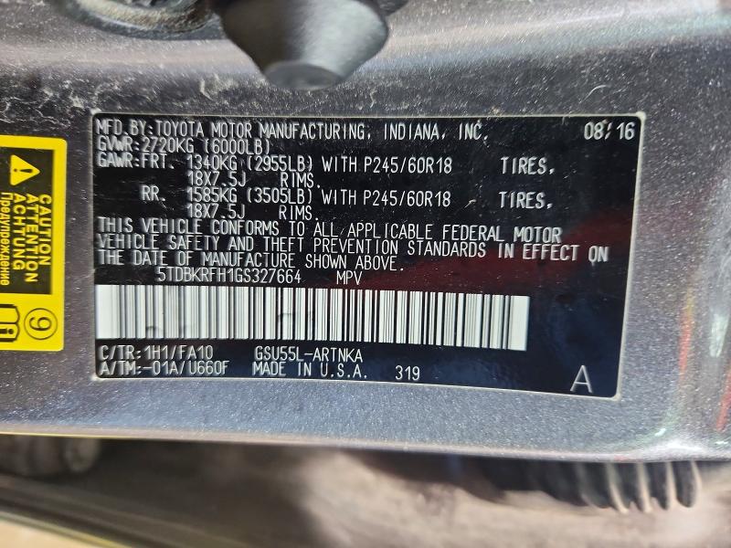 Aukcja sprzedaży 2016 Toyota Highlander, vin: 5TDBKRFH1GS327664, numer aukcji: 55499446