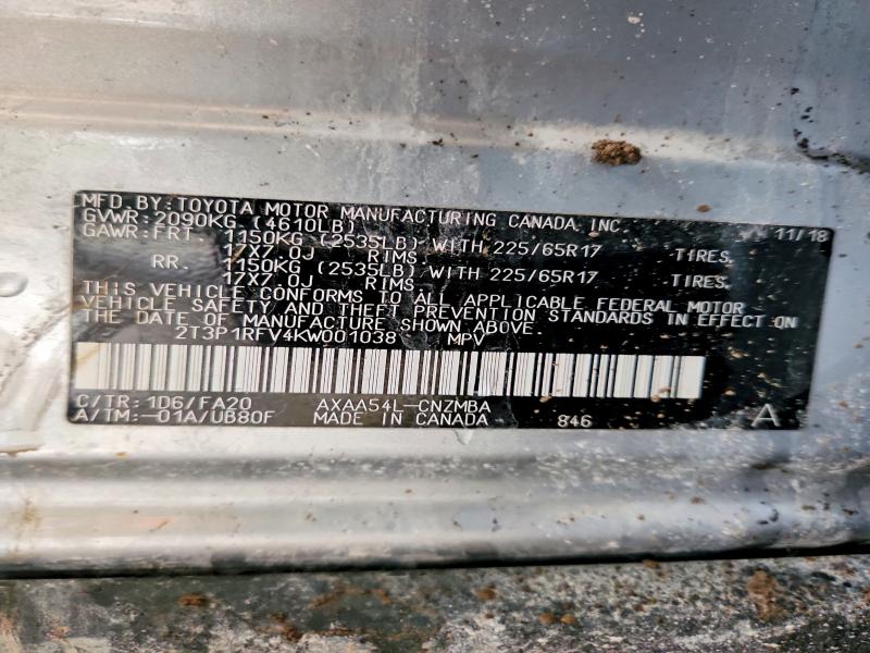 52060676 :رقم المزاد ، 2T3P1RFV4KW001038 vin ، 2019 Toyota Rav4 مزاد بيع