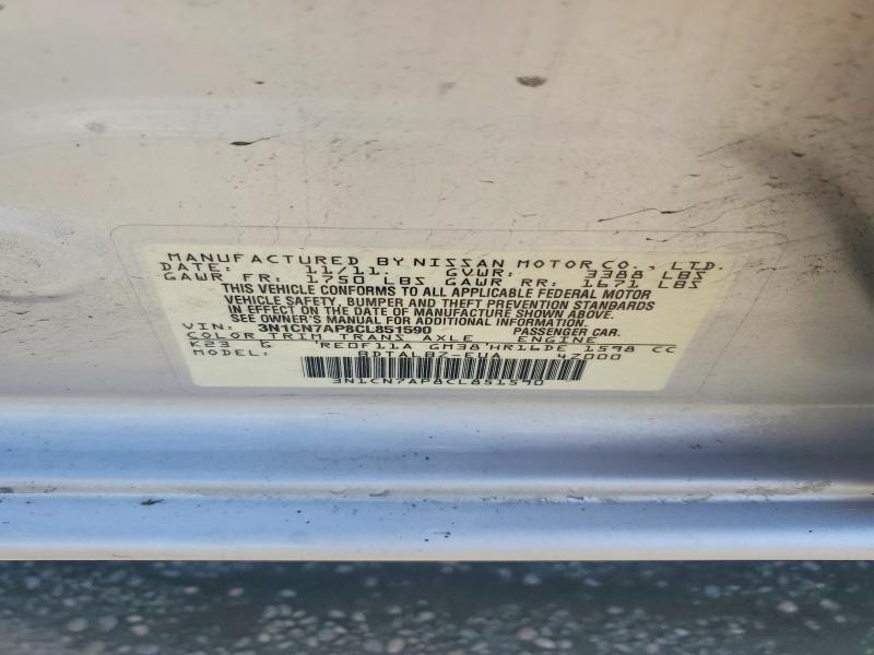 Aukcja sprzedaży 2012 Nissan Versa, vin: 3N1CN7AP8CL851590, numer aukcji: 51913556