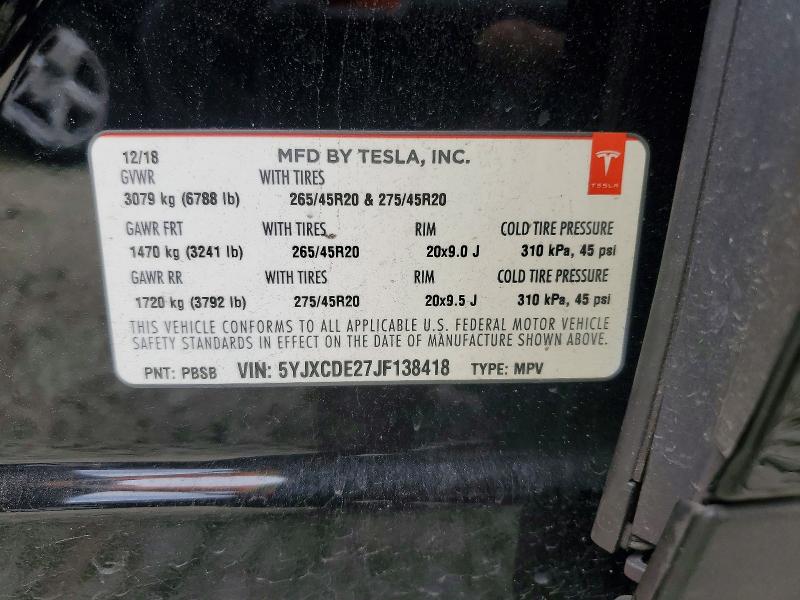 55186246 :رقم المزاد ، 5YJXCDE27JF138418 vin ، 2018 Tesla Model X مزاد بيع