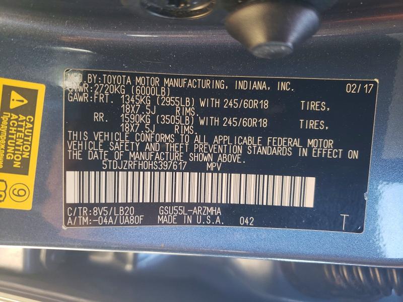 Aukcja sprzedaży 2017 Toyota Highlander, vin: 5TDJZRFH0HS397617, numer aukcji: 53647646