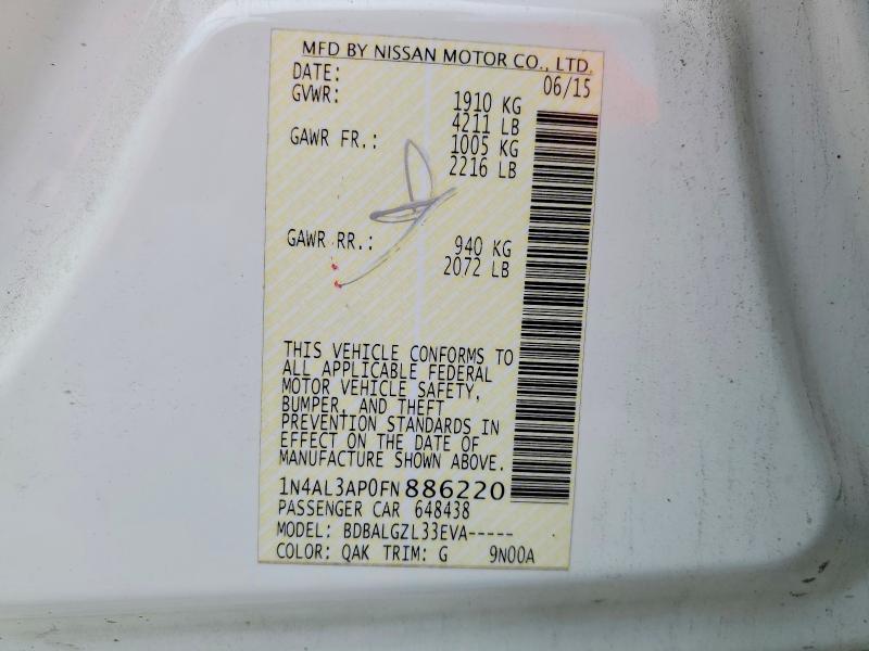 2015 Nissan Altima მანქანა იყიდება აუქციონზე, vin: 1N4AL3AP0FN886220, აუქციონის ნომერი: 54387366