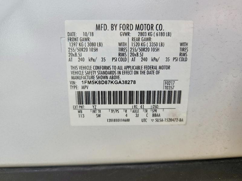 Aukcja sprzedaży 2019 Ford Explorer, vin: 1FM5K8D87KGA38278, numer aukcji: 54708036