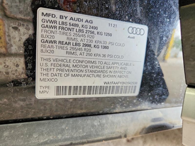 Продаж на аукціоні авто 2022 Audi Q5, vin: WA1FAAFY0N2042538, номер лоту: 54663036