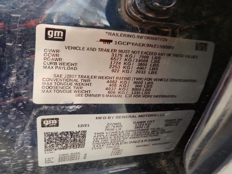 Продаж на аукціоні авто 2022 Chevrolet Silverado Ltd, vin: 1GCPYAEK9NZ155589, номер лоту: 53389436