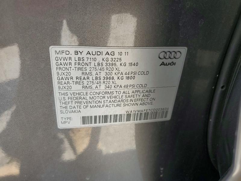 2012 Audi Q7 მანქანა იყიდება აუქციონზე, vin: WA1VMAFE7CD003634, აუქციონის ნომერი: 54204446