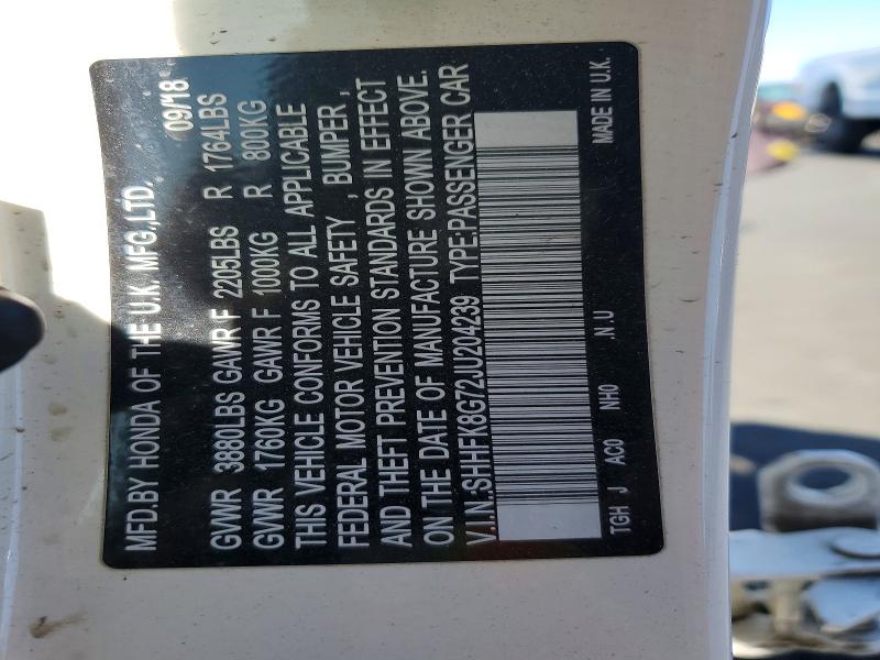 54001506 :رقم المزاد ، SHHFK8G72JU204239 vin ، 2018 Honda Civic مزاد بيع