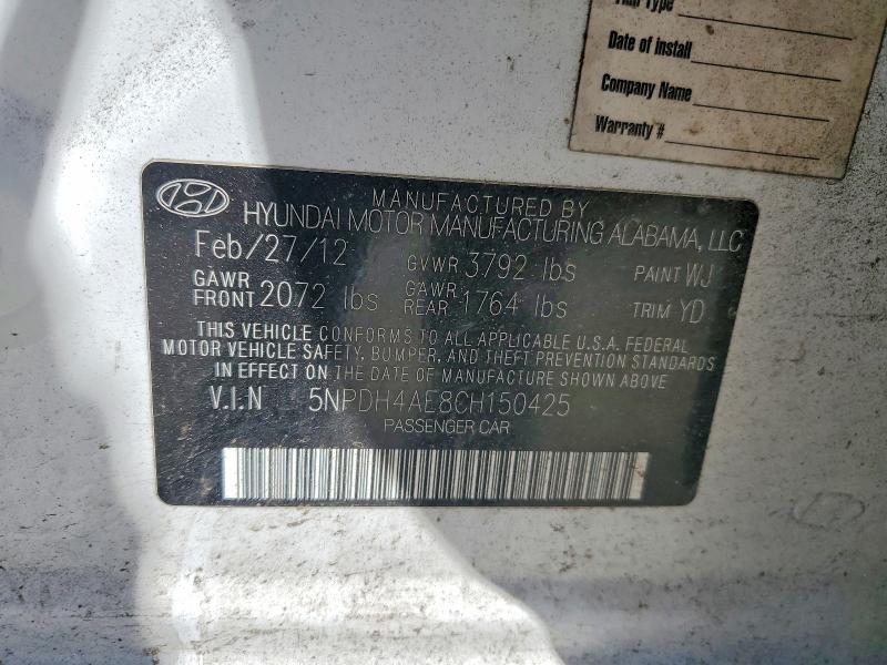 Aukcja sprzedaży 2012 Hyundai Elantra, vin: 5NPDH4AE8CH150425, numer aukcji: 52845006