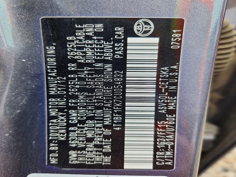 Auction sale of the 2012 Toyota Camry, vin: 4T1BF1FK7CU054832, lot number: 55769936