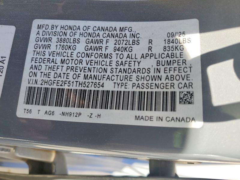 Продаж на аукціоні авто 2026 Honda Civic, vin: 2HGFE2F51TH527654, номер лоту: 55191966