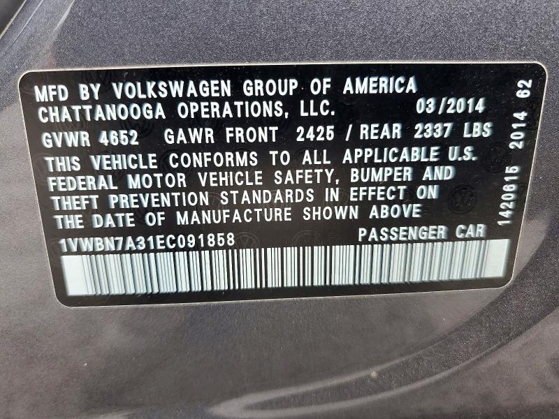 52215446 :رقم المزاد ، 1VWBN7A31EC091858 vin ، 2014 Volkswagen Passat مزاد بيع