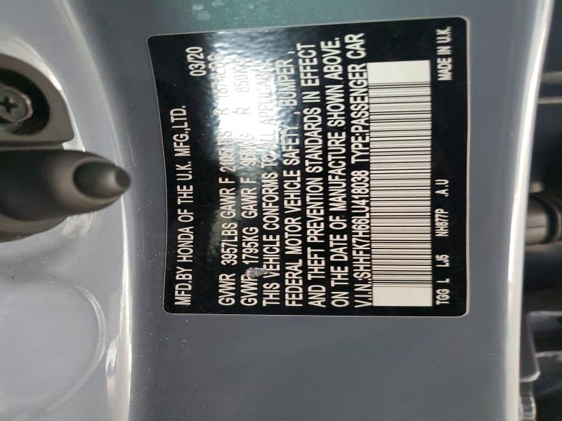 2020 Honda Civic მანქანა იყიდება აუქციონზე, vin: SHHFK7H66LU418038, აუქციონის ნომერი: 52026246