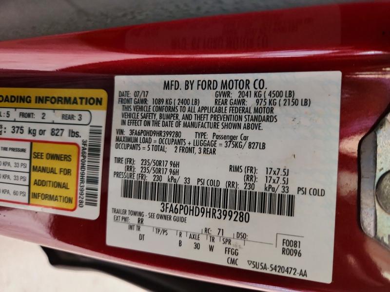 53582736 :رقم المزاد ، 3FA6P0HD9HR399280 vin ، 2017 Ford Fusion مزاد بيع