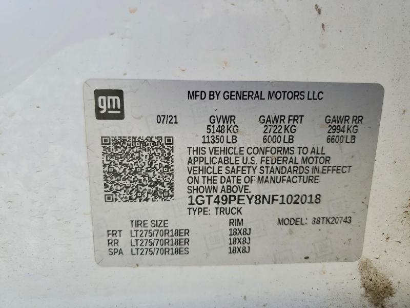 52605556 :رقم المزاد ، 1GT49PEY8NF102018 vin ، 2022 Gmc Sierra مزاد بيع