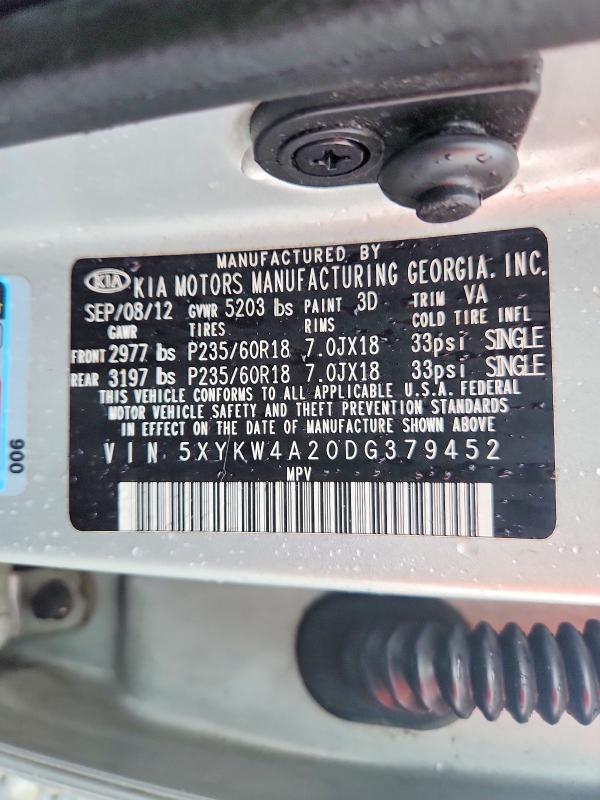 2013 Kia Sorento მანქანა იყიდება აუქციონზე, vin: 5XYKW4A20DG379452, აუქციონის ნომერი: 53392916