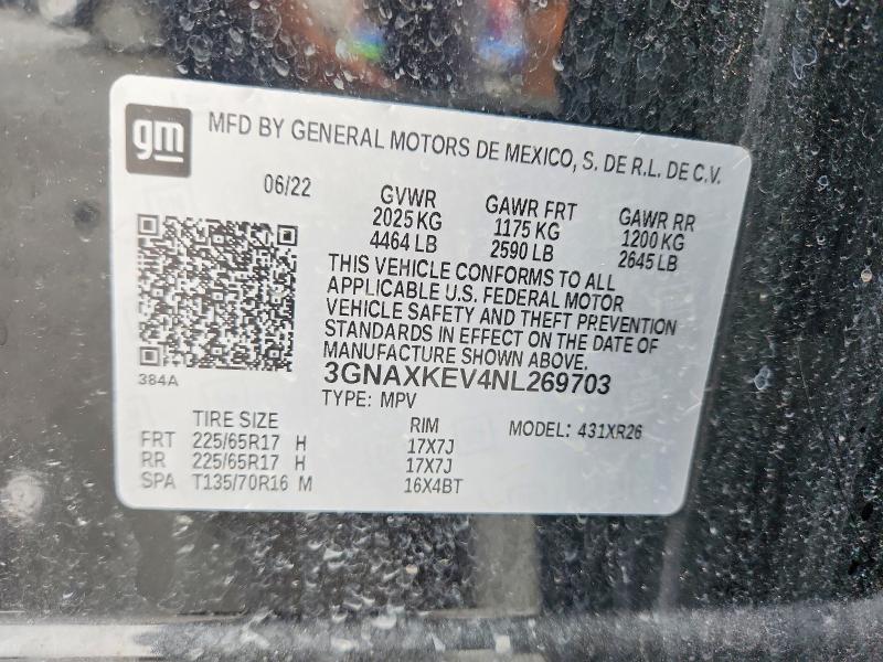 Aukcja sprzedaży 2022 Chevrolet Equinox, vin: 3GNAXKEV4NL269703, numer aukcji: 54426886