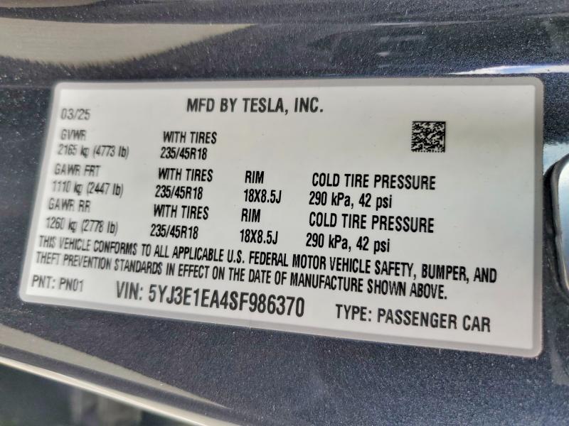Продаж на аукціоні авто 2025 Tesla Model 3, vin: 5YJ3E1EA4SF986370, номер лоту: 54722066