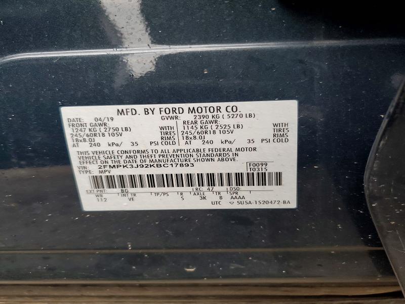 52600266 :رقم المزاد ، 2FMPK3J92KBC17893 vin ، 2019 Ford Edge مزاد بيع