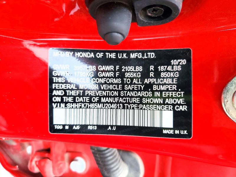 Продажа на аукционе авто 2021 Honda Civic, vin: SHHFK7H65MU204613, номер лота: 52671156
