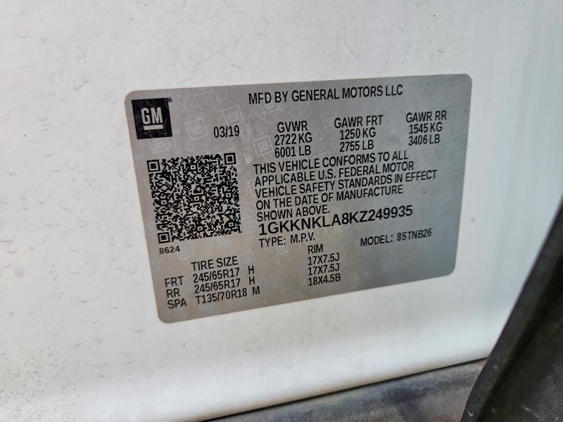 54716986 :رقم المزاد ، 1GKKNKLA8KZ249935 vin ، 2019 Gmc Acadia مزاد بيع