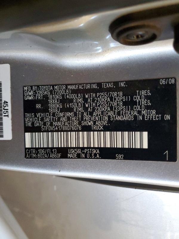 Aukcja sprzedaży 2008 Toyota Tundra, vin: 5TFDV54178X076076, numer aukcji: 54884826