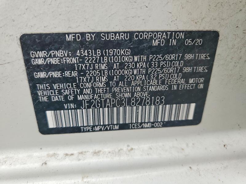 51949736 :رقم المزاد ، JF2GTAPC3L8278183 vin ، 2020 Subaru Crosstrek مزاد بيع