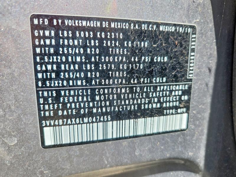 2020 Volkswagen Tiguan მანქანა იყიდება აუქციონზე, vin: 3VV4B7AX6LM047455, აუქციონის ნომერი: 55370276