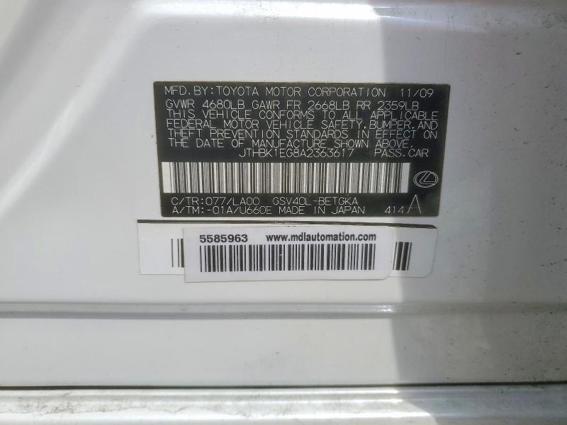 Aukcja sprzedaży 2010 Lexus Es, vin: JTHBK1EG8A2363617, numer aukcji: 52200386