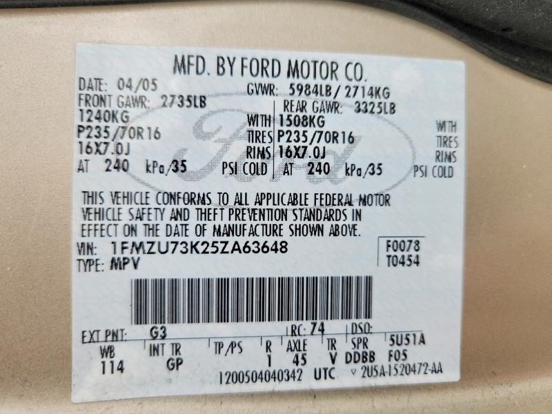 53815256 :رقم المزاد ، 1FMZU73K25ZA63648 vin ، 2005 Ford Explorer مزاد بيع