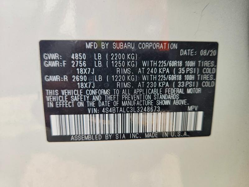2020 Subaru Outback მანქანა იყიდება აუქციონზე, vin: 4S4BTALC3L3248673, აუქციონის ნომერი: 55495406