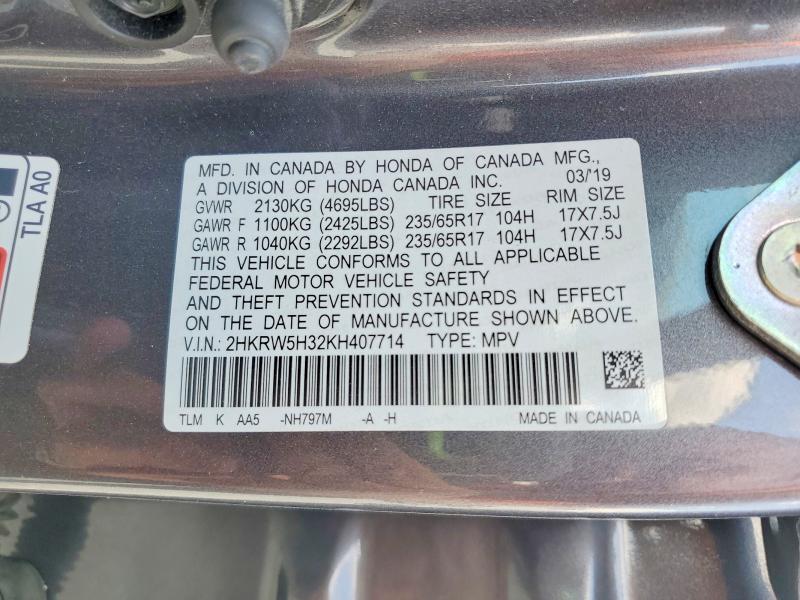 55405236 :رقم المزاد ، 2HKRW5H32KH407714 vin ، 2019 Honda Cr-v مزاد بيع