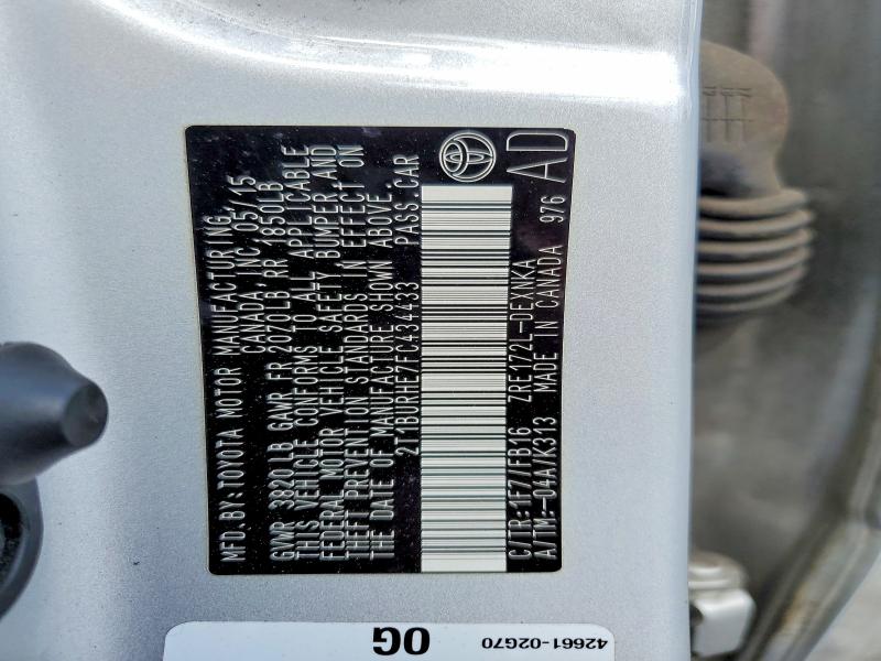 2015 Toyota Corolla მანქანა იყიდება აუქციონზე, vin: 2T1BURHE7FC434433, აუქციონის ნომერი: 54015376