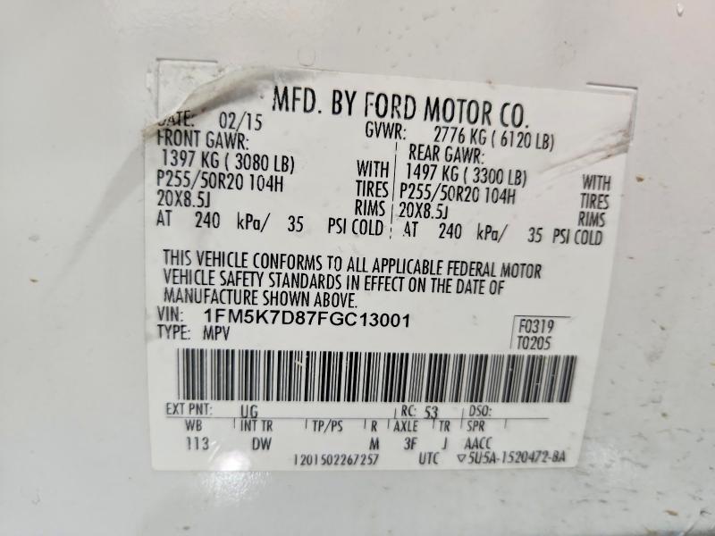 2015 Ford Explorer მანქანა იყიდება აუქციონზე, vin: 1FM5K7D87FGC13001, აუქციონის ნომერი: 54122126