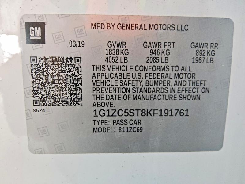 Aukcja sprzedaży 2019 Chevrolet Malibu, vin: 1G1ZC5ST8KF191761, numer aukcji: 52299126