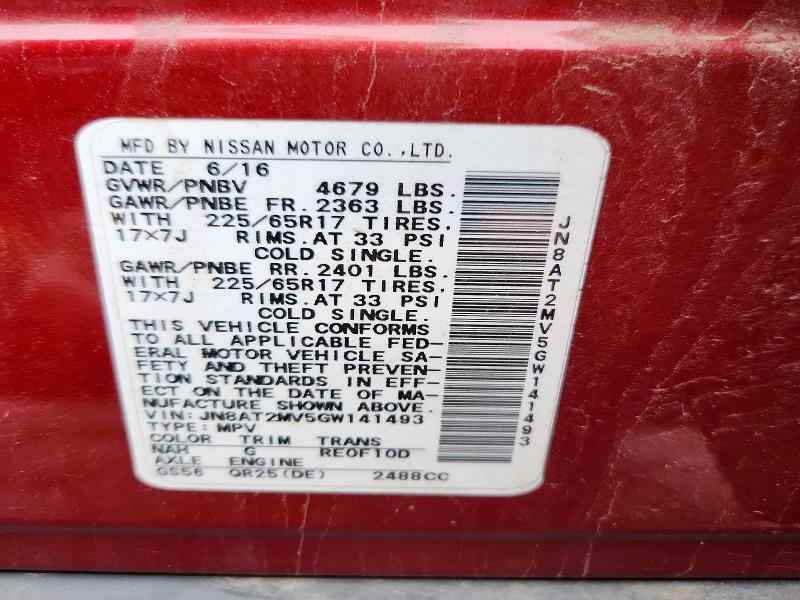 52209596 :رقم المزاد ، JN8AT2MV5GW141493 vin ، 2016 Nissan Rogue مزاد بيع