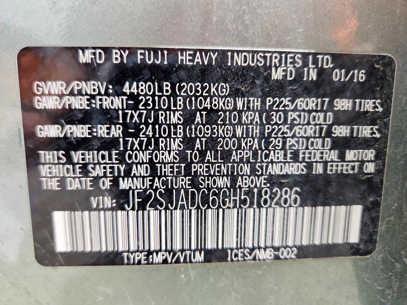 Продаж на аукціоні авто 2016 Subaru Forester, vin: JF2SJADC6GH518286, номер лоту: 53729106