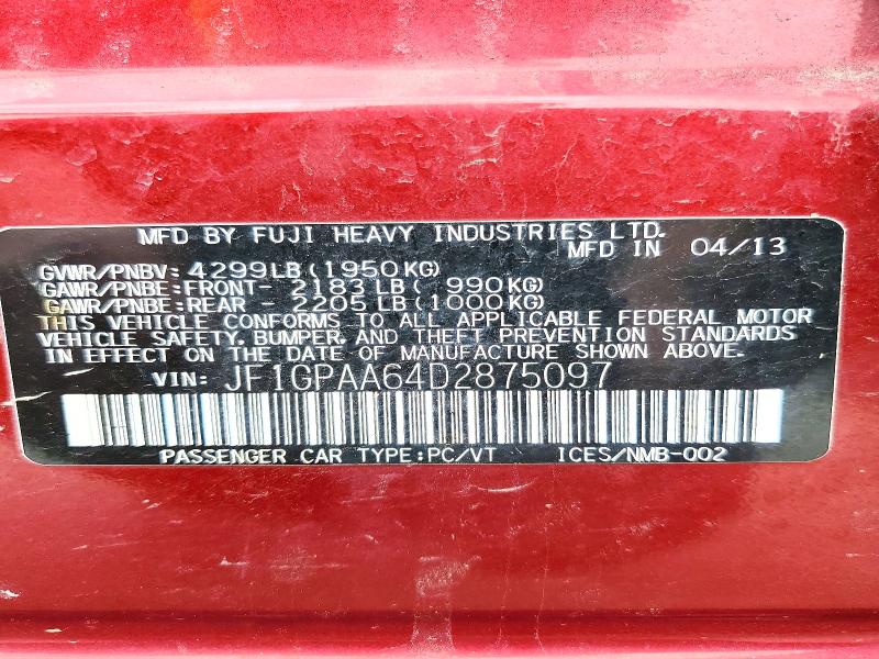 52922106 :رقم المزاد ، JF1GPAA64D2875097 vin ، 2013 Subaru Impreza مزاد بيع