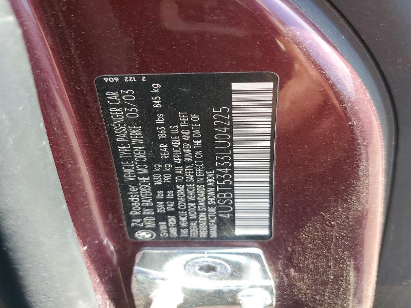 51853696 :رقم المزاد ، 4USBT53433LU04225 vin ، 2003 Bmw Z4 مزاد بيع