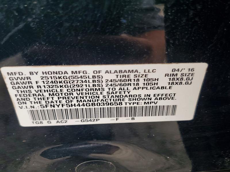 Aukcja sprzedaży 2016 Honda Pilot, vin: 5FNYF5H44GB039658, numer aukcji: 55320306