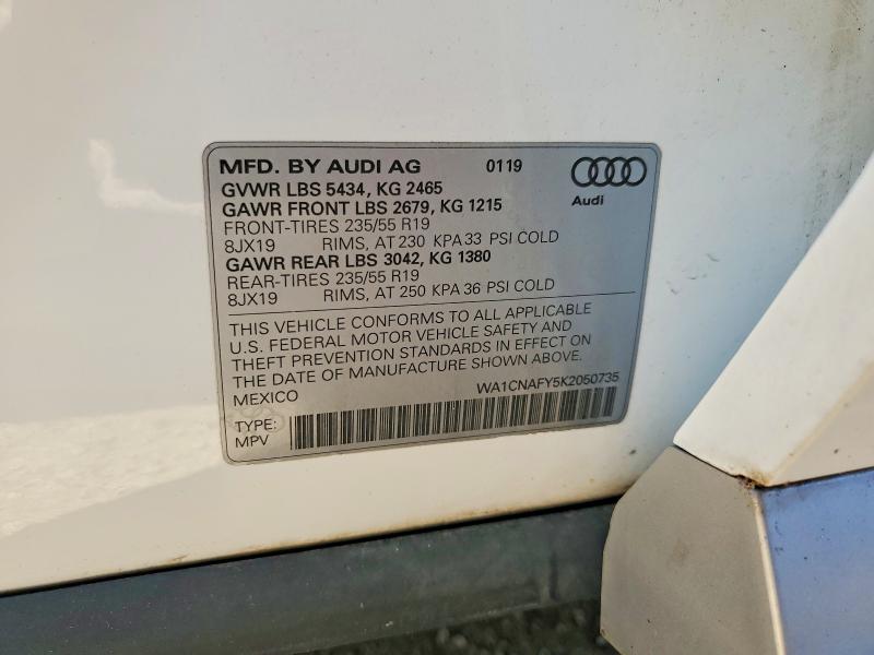 2019 Audi Q5 მანქანა იყიდება აუქციონზე, vin: WA1CNAFY5K2050735, აუქციონის ნომერი: 53271056