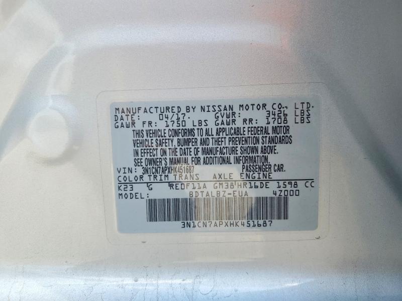 Aukcja sprzedaży 2017 Nissan Versa, vin: 3N1CN7APXHK451687, numer aukcji: 52692376