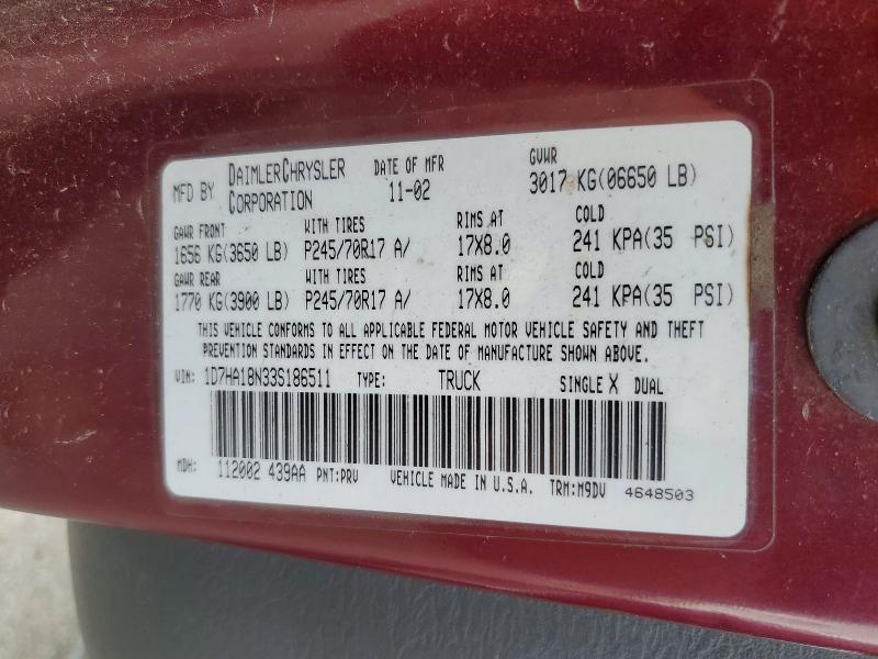 Продажа на аукционе авто 2003 Dodge Ram 1500, vin: 1D7HA18N33S186511, номер лота: 52346206