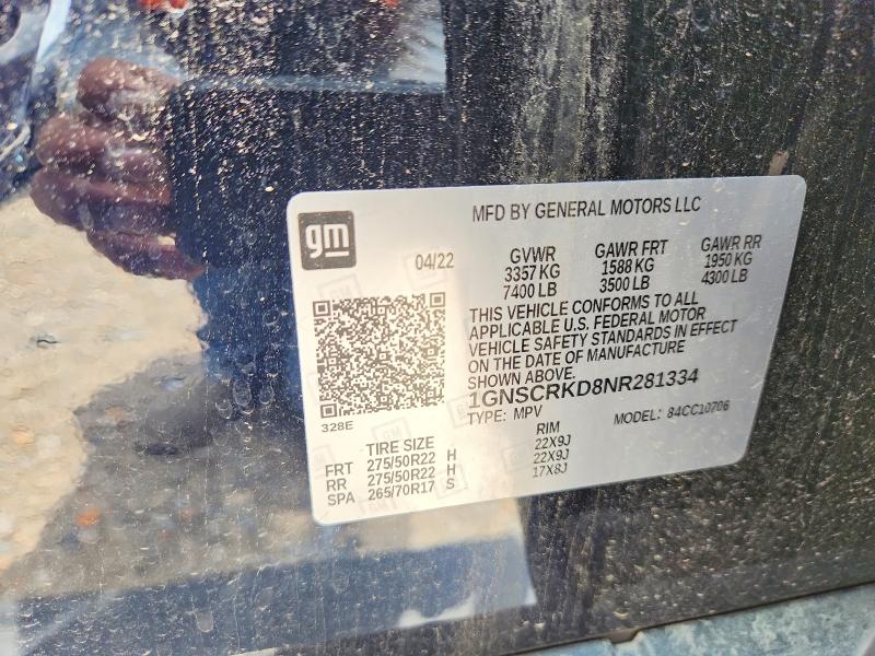 53820336 :رقم المزاد ، 1GNSCRKD8NR281334 vin ، 2022 Chevrolet Tahoe مزاد بيع