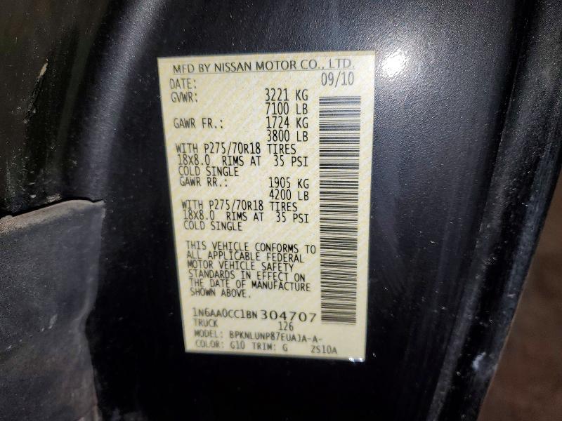 2011 Nissan Titan მანქანა იყიდება აუქციონზე, vin: 1N6AA0CC1BN304707, აუქციონის ნომერი: 54973496