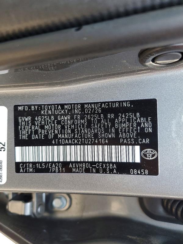 53757036 :رقم المزاد ، 4T1DAACK2TU274164 vin ، 2026 Toyota Camry مزاد بيع
