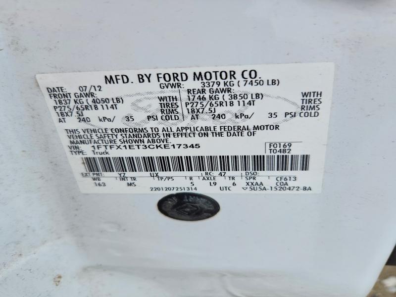 53976756 :رقم المزاد ، 1FTFX1ET3CKE17345 vin ، 2012 Ford F150 مزاد بيع